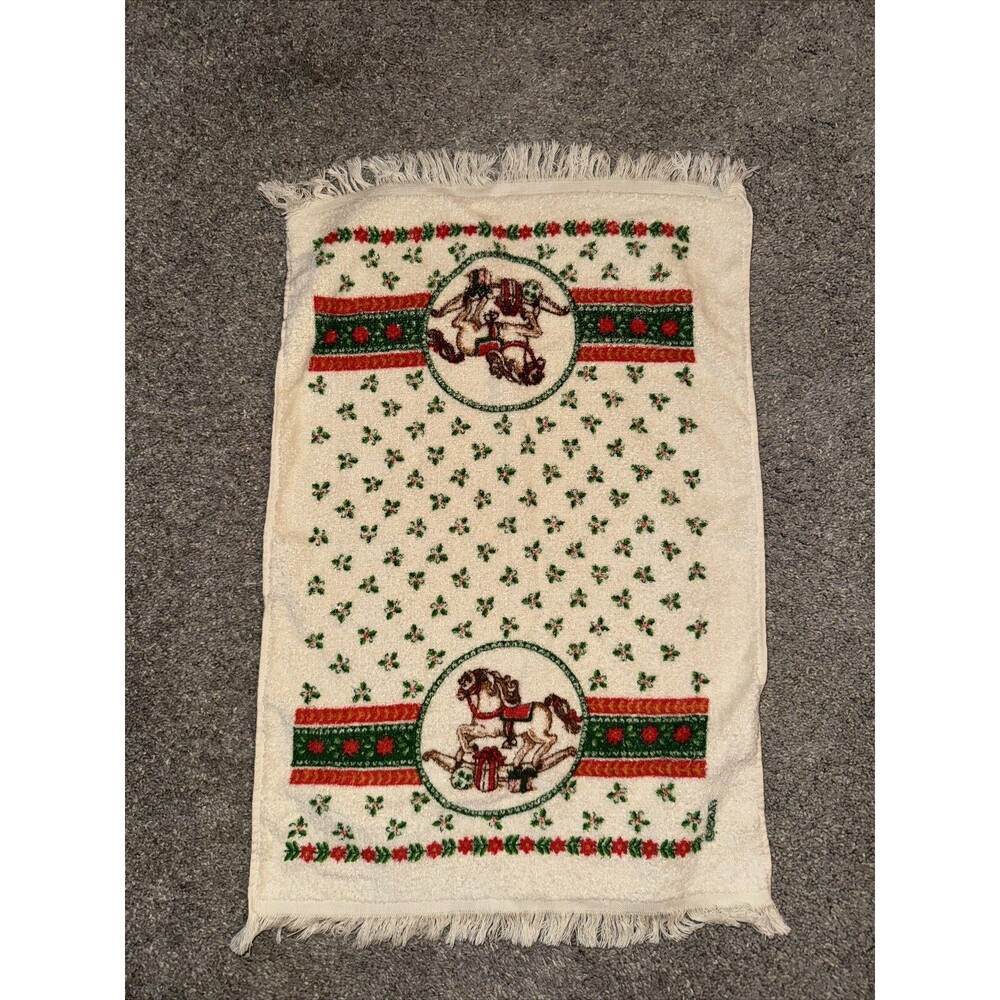 Vtg Christmas Hand Towel Rocking Horse Cotton by B&D Terry Cloth Fringed 70s